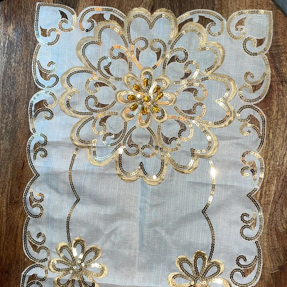 NEW Sequin floral Gold with being Rectangle table runner Doily  33 X15